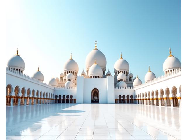 Sheikh Zayed Grand Mosque, a grand white marble mosque against a clear blue sky