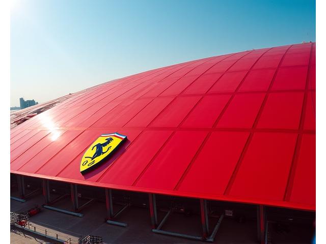 Iconic red roof of Ferrari World Abu Dhabi with the Ferrari logo prominently displayed