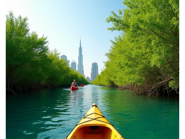 Kayaking through serene green Eastern Mangrove National Park with city skyline in distance