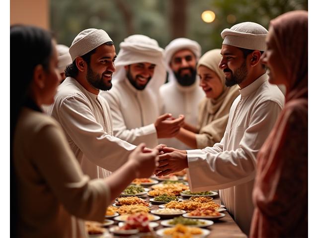 A scene depicting respectful interaction between people in traditional attire, symbolizing local etiquette.