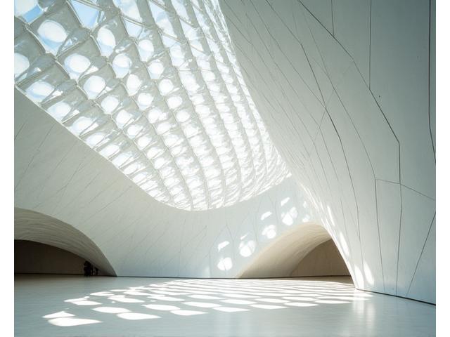 Architectural shot of the Louvre Abu Dhabi's iconic dome, with sunlight filtering through.