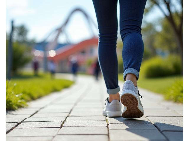 A person walking along a path on Yas Island, with theme park rides in the distance, optimized for mobile.