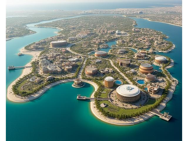 Overhead view of Yas Island with theme parks and hotels visible, showing clear pathways.